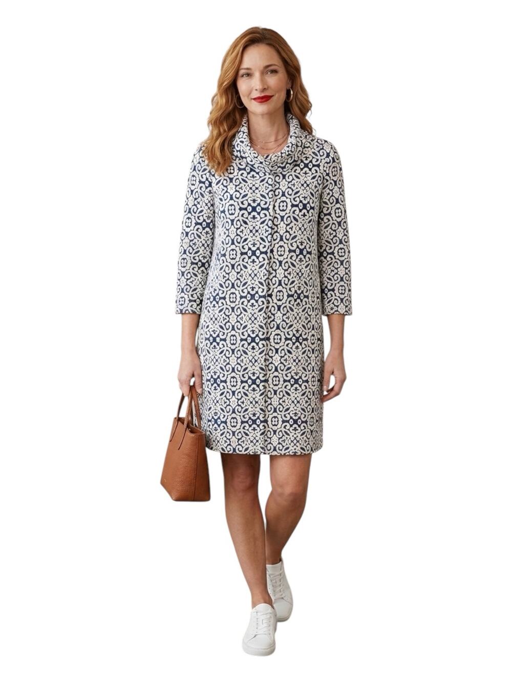 Tyler Böe Kim Cowl Neck Shift Dress Blue White Greek Key Jacquard Small